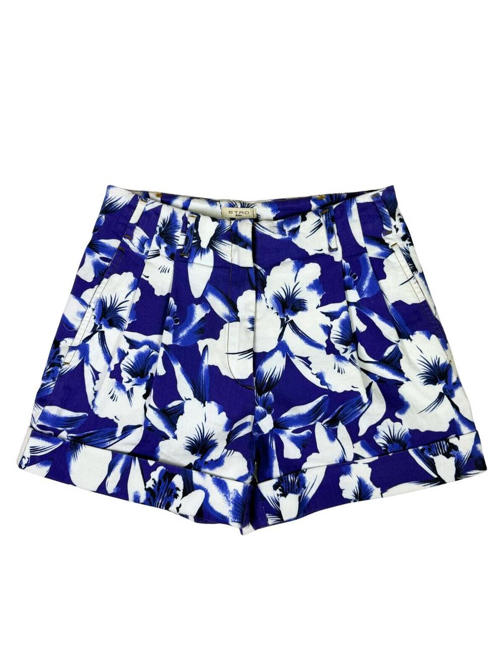 Etro Milano Blue White Floral High Waist Shorts Made in Italy Cotton IT 40 US 4